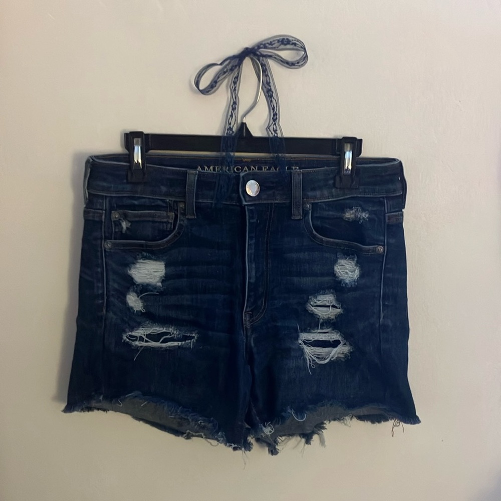 American Eagle Outfitters Blue Distressed Hi-Rise Jean Shorts